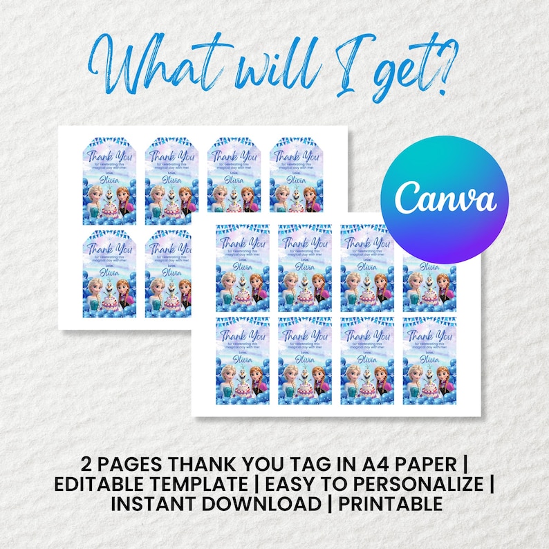 Say thank you in Frozen style! These Frozen party favor tags are ideal for kids’ birthday parties and make your goodie bags extra special. Use them as Frozen thank you tags or party labels.