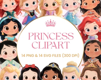 Paquete de imágenes prediseñadas de princesas en formato PNG: Decoraciones para fiestas de cumpleaños de princesas (Descarga digital)