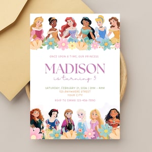 May include: A personalised invitation with illustrations of several princesses. The invitation says "Once Upon a Time, Our Princess" and includes the name "Madison" and event details. Floral accents and a light colour palette enhance the design.