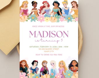 Invitación de cumpleaños de princesa: Fiesta de té de princesa en acuarela (Plantilla de Canva, descarga instantánea)