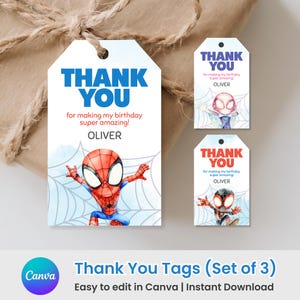 May include: Set of three thank you tags featuring Spider-Man illustrations. Each tag has the text "THANK YOU" in bold, with a personalized message and name. The tags are designed for a birthday celebration.