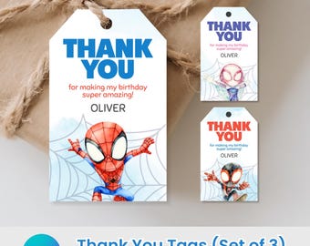 Spidey Thank You Tags: Editable Superhero Birthday Party Favor Tags (Canva Template, Instant Download)