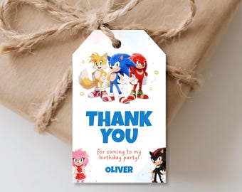 Etiquetas de agradecimiento de Sonic editables, etiquetas para recuerdos de fiesta de Sonic el Erizo, plantilla de Canva, descarga instantánea.