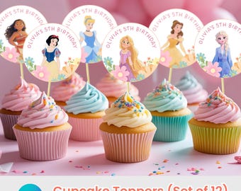 Adornos para cupcakes de princesas: Decoraciones para fiestas de té de princesas (Plantilla de Canva, descarga instantánea)