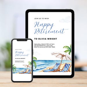 Editable Beach Theme Retirement Party Invitation | Printable Canva Template with Tropical Watercolor Design | Instant Download Digital Invitation | 5x7” Happy Retirement Invite for Easy Customization