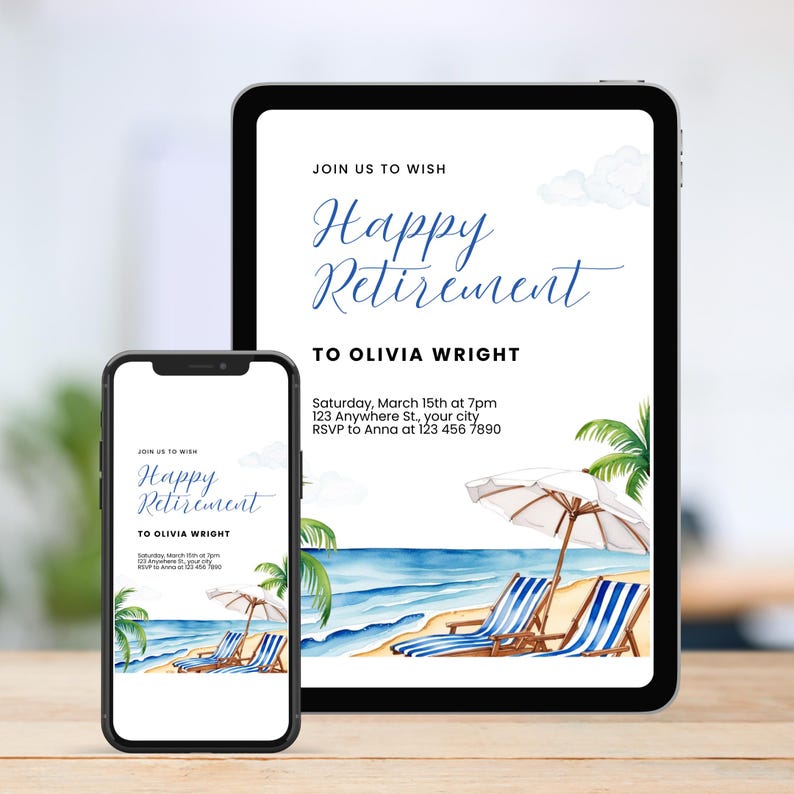 Editable Beach Theme Retirement Party Invitation | Printable Canva Template with Tropical Watercolor Design | Instant Download Digital Invitation | 5x7” Happy Retirement Invite for Easy Customization