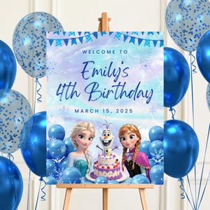 Frozen Birthday Party Willkommensschild Druckbares, bearbeitbares Elsa Gefrorenes Partyschild, personalisierte Gefrorenes Geburtstagsdekor, Eisprinzessin Party Dekor