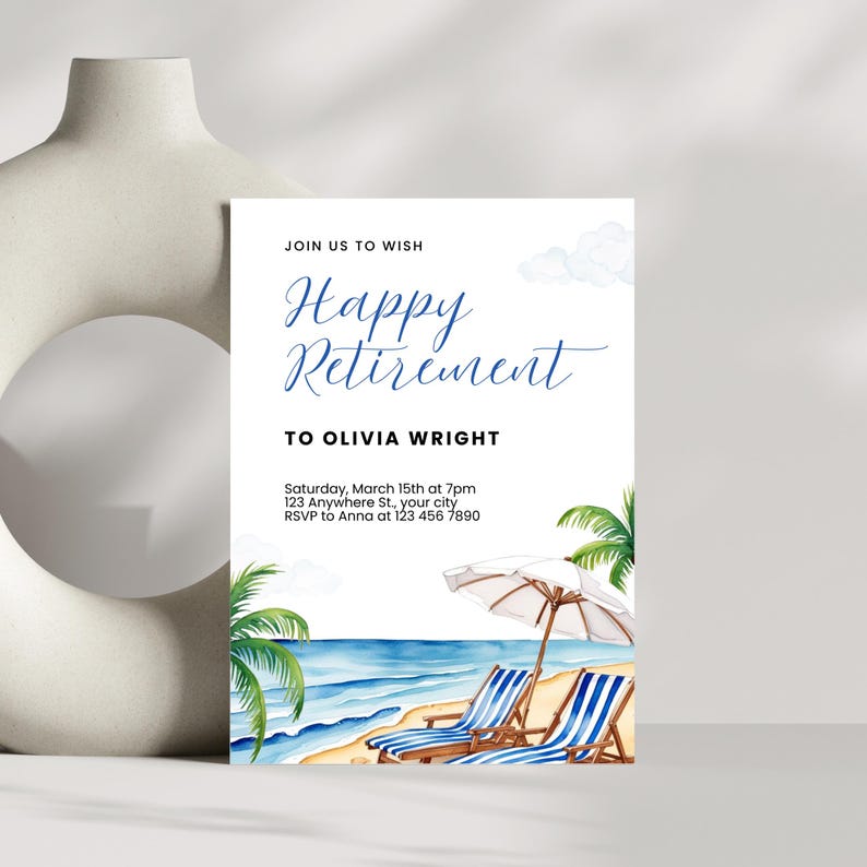 Editable Beach Theme Retirement Party Invitation on Etsy | Printable Canva Template with Tropical Watercolor Design | Instant Download Digital Invitation | 5x7” Happy Retirement Invite for Easy Customization