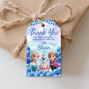 アナと雪の女王のパーティー記念品タグ：編集可能な誕生日サンキュータグ（Canvaテンプレート、デジタルダウンロード）
