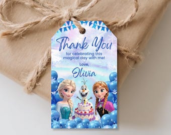 Frozen Party Favor Tags: Editable Birthday Thank You Tags (Canva Template, Digital Download)