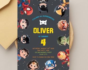 Invitación de cumpleaños de superhéroe: Invitación editable para fiesta de cómics, temática de Los Vengadores (Plantilla de Canva, descarga instantánea)