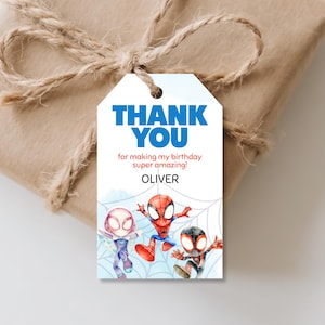 Spidey-festgåvor: Redigerbara tacketiketter för superhjältar (Canva-mall, direktnedladdning)
