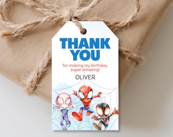 Spidey Party Favor Tags: Editable Superhero Birthday Thank You Tags (Canva Template, Instant Download)
