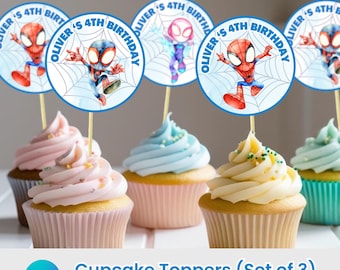 Spidey and Friends Cupcake Toppers: Editable Birthday Party Decor (Canva Template, Instant Download)