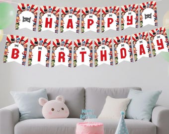 Striscione di compleanno a tema supereroe: decorazione per feste a tema fumetti modificabile (modello Canva, download immediato)