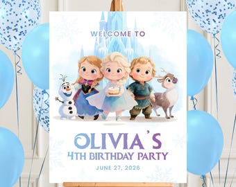 Letrero de bienvenida de cumpleaños de Frozen en acuarela: Decoraciones para fiesta de Frozen (Plantilla de Canva, descarga instantánea)