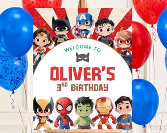 Superhero Birthday Welcome Sign: Editable Avengers Party Decor (Canva Template Instant Download 16x20")