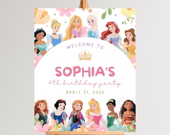 Cartel de bienvenida para cumpleaños de princesa: Decoración editable para fiestas infantiles (Plantilla de Canva, descarga instantánea)
