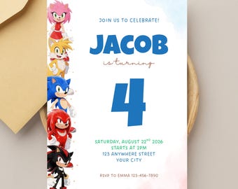 Invitación de cumpleaños de Sonic editable, invitación para fiesta de Sonic el Erizo, plantilla de Canva, descarga instantánea.