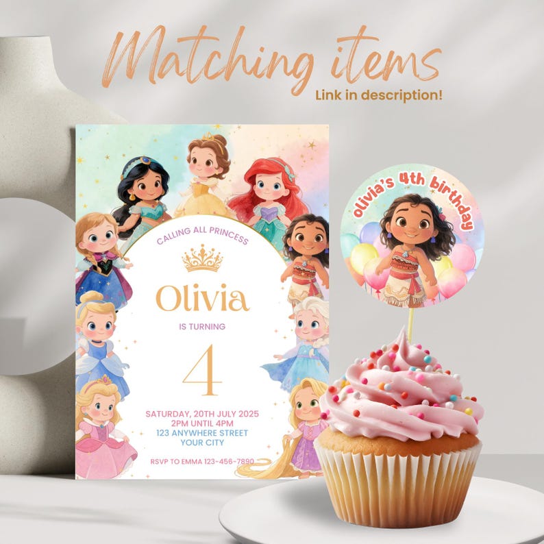 Celebrate your little one's princess party with this Editable Princess Birthday Invitation and Princess Cupcake toppers. Instantly download, customize in Canva, and print at home or local print shop. Great for party favors, princess party decorations, and royal-themed celebrations.