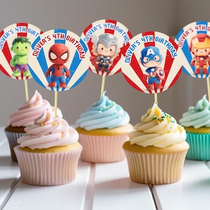 Superhero Cupcake Toppers: Editable Avengers Birthday Party Decor (Canva Template Instant Download)