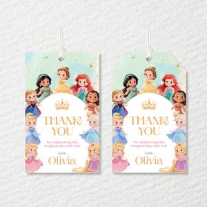 Printable Princess Thank You Tags for girls’ birthday party favors. Easily personalize with Canva and print at home. Ideal for princess birthday decorations and party bag tags featuring classic fairytale charm.