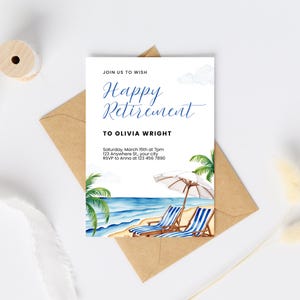 Editable Beach Theme Retirement Party Invitation | Printable Canva Template with Tropical Watercolor Design | Instant Download Digital Invitation | 5x7” Happy Retirement Invite for Easy Customization