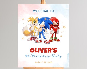 Letrero de bienvenida de Sonic: Decoración para fiestas de Sonic (Plantilla de Canva, descarga instantánea)