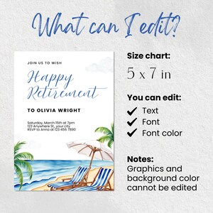 Editable Beach Theme Retirement Party Invitation | Printable Canva Template with Tropical Watercolor Design | Instant Download Digital Invitation | 5x7” Happy Retirement Invite for Easy Customization