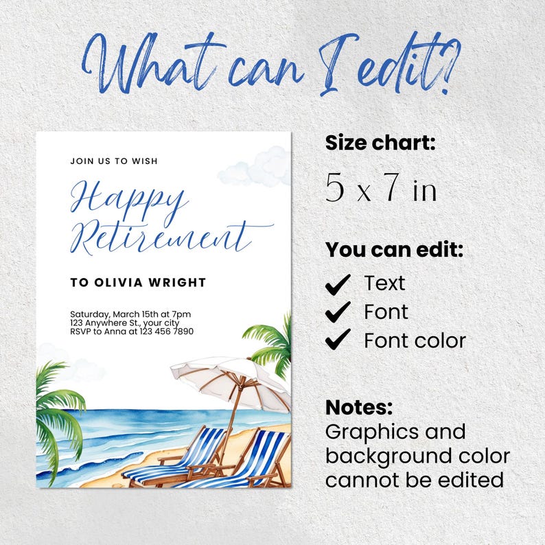 Editable Beach Theme Retirement Party Invitation | Printable Canva Template with Tropical Watercolor Design | Instant Download Digital Invitation | 5x7” Happy Retirement Invite for Easy Customization