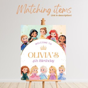 Celebrate your little one's princess party with this Editable Princess Welcome Sign. Instantly download, customize in Canva, and print at home or local print shop. Great for party favors, princess party decorations, and royal-themed celebrations.