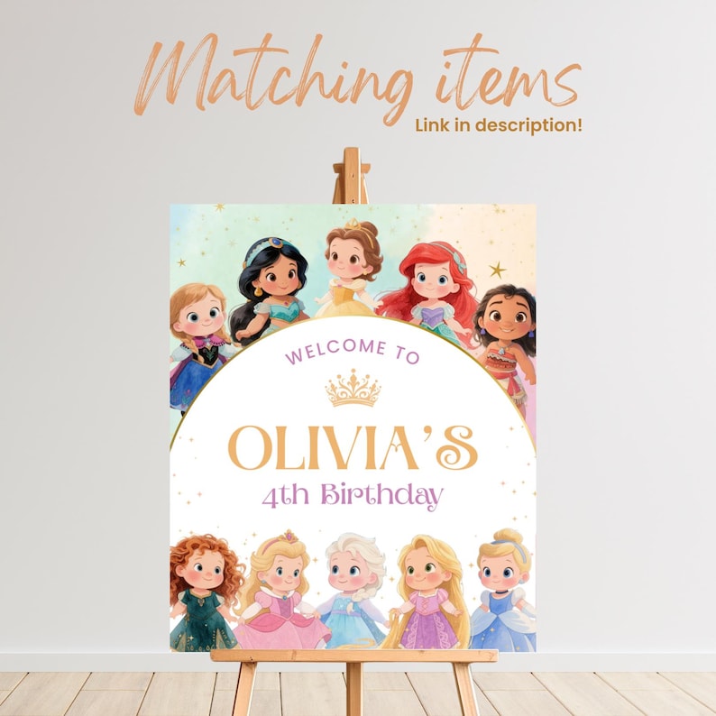 Celebrate your little one's princess party with this Editable Princess Welcome Sign. Instantly download, customize in Canva, and print at home or local print shop. Great for party favors, princess party decorations, and royal-themed celebrations.