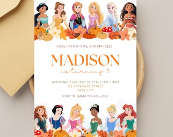 Invitación de cumpleaños de princesa, invitación imprimible para fiesta de té de princesa, plantilla de Canva, descarga instantánea.