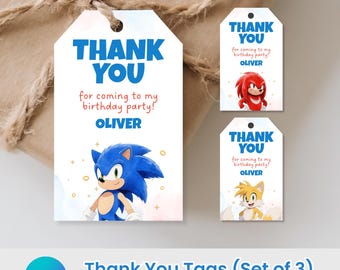 Etiquetas de agradecimiento de Sonic, etiquetas para bolsas de regalo de Sonic, plantilla de Canva, descarga instantánea.