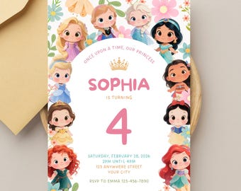 Invito di compleanno per principessa, invito modificabile per festa di principessa per bambine su Canva, tema primaverile floreale, download immediato