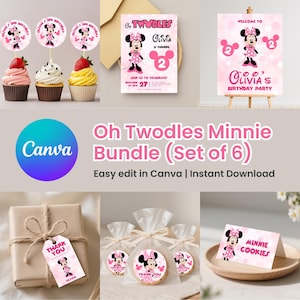 Pode incluir: Uma coleção de artigos para festas com o tema Minnie Mouse. Inclui toppers para cupcakes, convites, uma placa de boas-vindas, etiquetas de presente, lembrancinhas de biscoito e um cartão de mesa. O texto diz "Oh Twodles Minnie Bundle (Set of 6)".