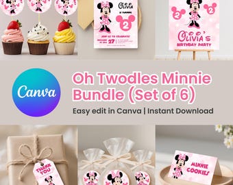 Paquete de cumpleaños Oh Twodles: Decoraciones editables de Minnie Mouse para fiesta (Plantilla de Canva, descarga instantánea)