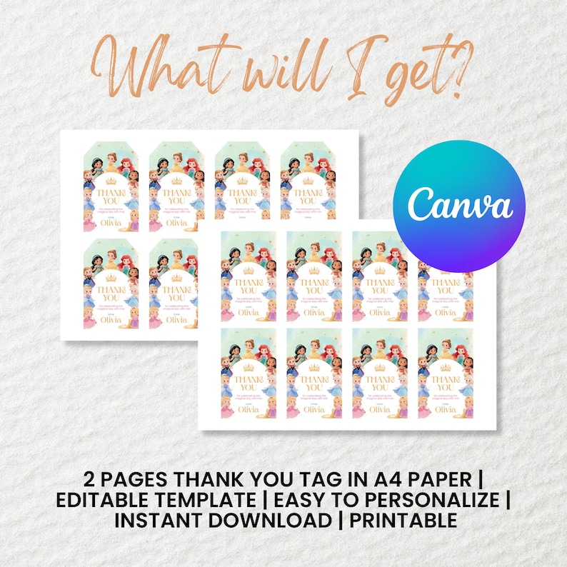 Digital Princess Thank You Tags editable in Canva. Perfect for adding a magical detail to your party favor bags. Use for girl birthday parties, Disney princess themes, or royal celebration decorations.