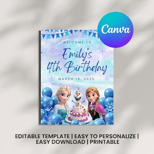 Snowflake-Themed Frozen Birthday Sign on Etsy - DIY Printable Party Decoration – A stunning DIY Frozen party sign featuring snowflake graphics, perfect for creating a charming and elegant party entrance.
