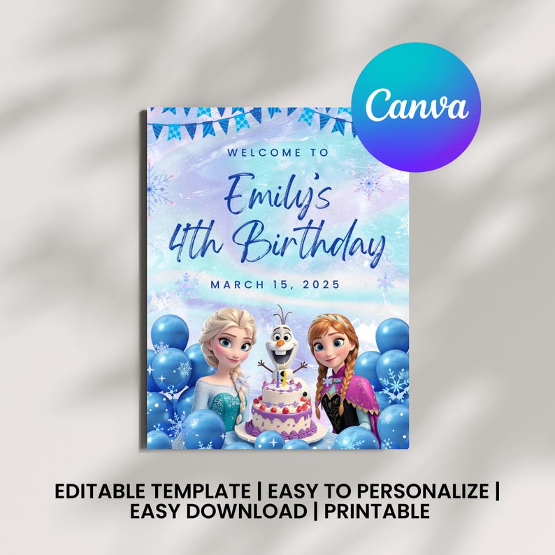 Snowflake-Themed Frozen Birthday Sign on Etsy - DIY Printable Party Decoration – A stunning DIY Frozen party sign featuring snowflake graphics, perfect for creating a charming and elegant party entrance.