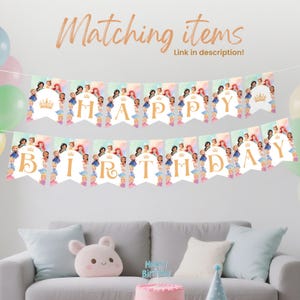 Celebrate your little one's princess party with this birthday decoration, Editable Princess Banner. Instantly download, customize in Canva, and print at home or local print shop. Great for party favors, princess party decorations, and royal-themed celebrations.