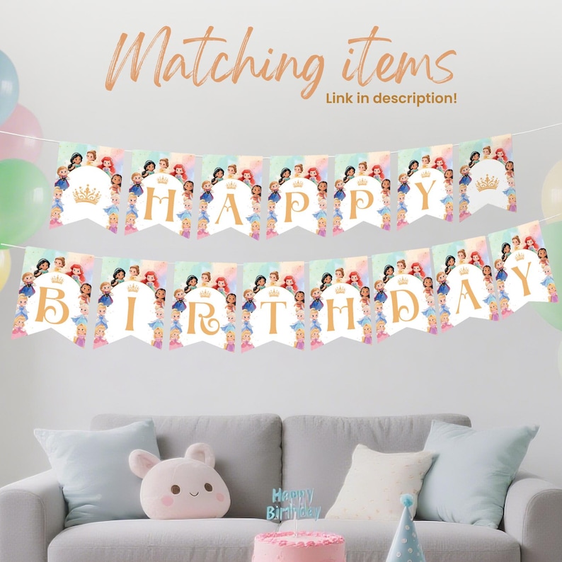 Celebrate your little one's princess party with this birthday decoration, Editable Princess Banner. Instantly download, customize in Canva, and print at home or local print shop. Great for party favors, princess party decorations, and royal-themed celebrations.