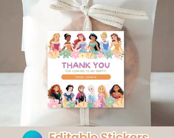 Pegatina de agradecimiento de princesa: Recuerdo de fiesta de princesa de acuarela editable (Plantilla de Canva, descarga instantánea)