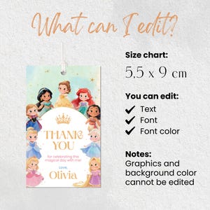 Princess-themed thank you tags designed for girls’ birthdays. Editable template via Canva, perfect for favor bags, DIY party decor, and quick printing at home or shop. A great way to add a sweet touch to your celebration.