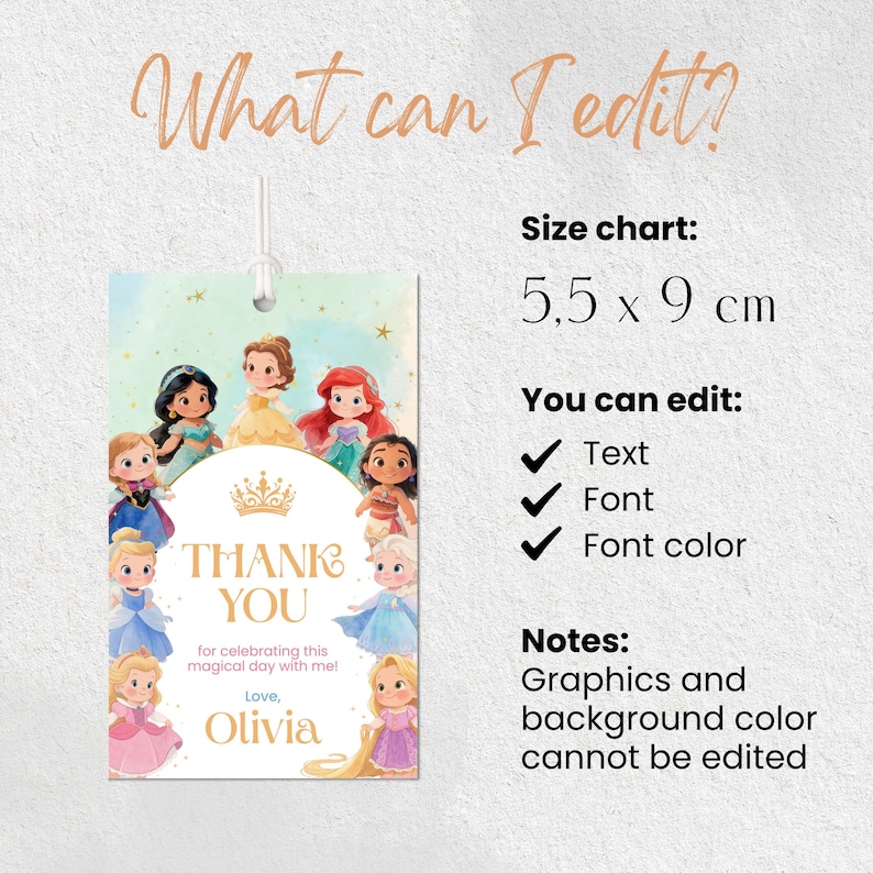 Princess-themed thank you tags designed for girls’ birthdays. Editable template via Canva, perfect for favor bags, DIY party decor, and quick printing at home or shop. A great way to add a sweet touch to your celebration.