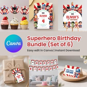 Op de afbeelding: Een superhelden verjaardagsbundel met uitnodigingen, cupcake toppers, een banner en een welkomstbord. De bundel bevat de tekst "Superhero Birthday Bundle (Set of 6)" en "Easy edit in Canva | Instant Download."