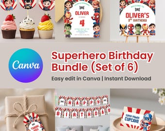 Paquete de cumpleaños de superhéroes: Decoraciones editables para fiesta de los Vengadores (Plantilla de Canva, descarga instantánea)