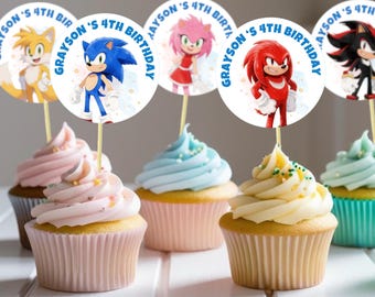 Adornos para cupcakes de Sonic: Decoraciones para fiestas de cumpleaños de Sonic el Erizo (Plantilla de Canva, descarga instantánea)