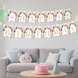 Banner de cumpleaños de princesa: Decoración editable para fiesta de princesas en tonos pastel (Plantilla de Canva, descarga instantánea)