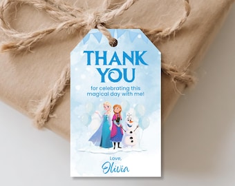 Etiquetas de agradecimiento de Frozen: Etiquetas editables para recuerdos de fiesta de Elsa y Anna (Plantilla de Canva, descarga instantánea)